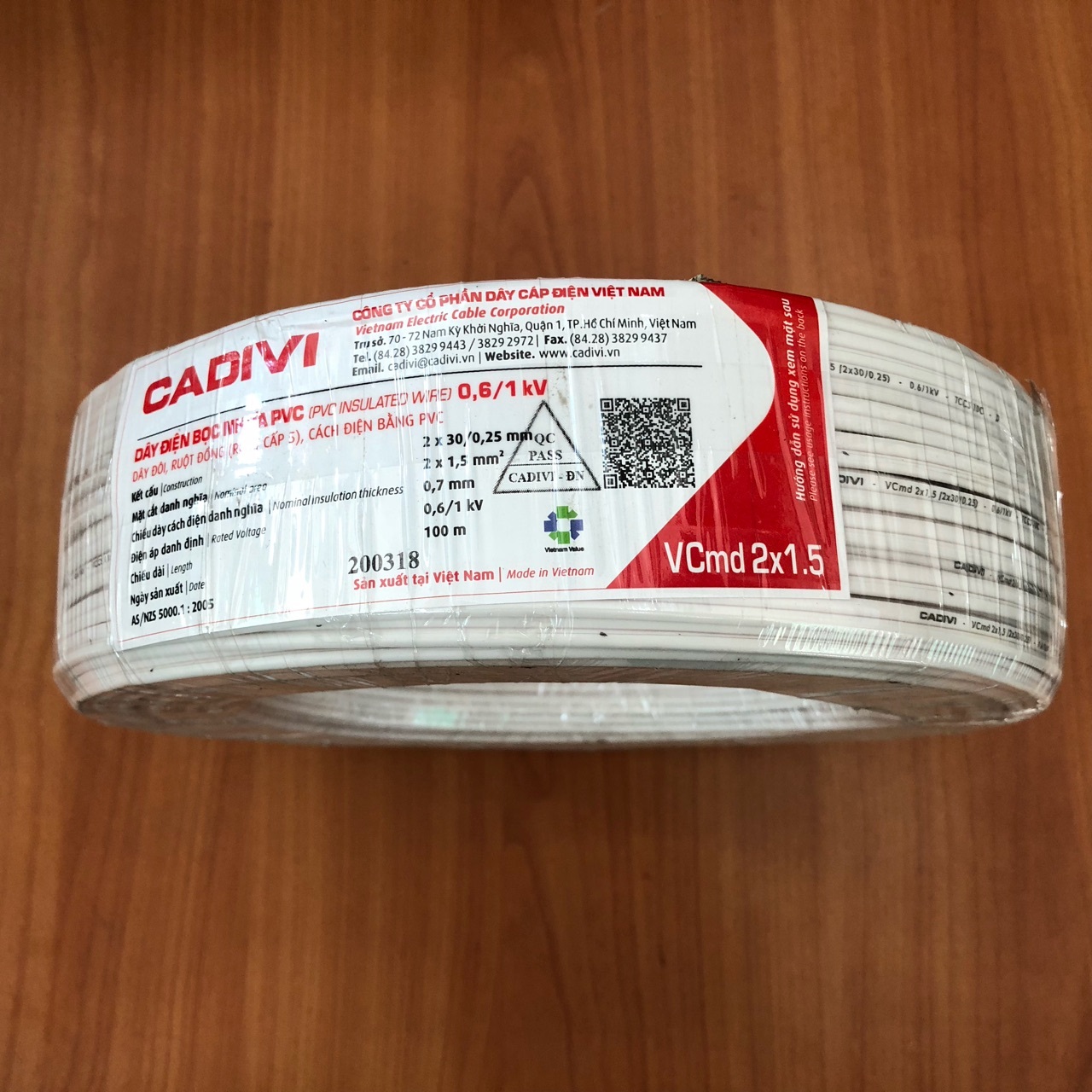 Dây điện Cadivi VCMD 2x1.5 màu trắng, 0.6/1KV, cuộn 100m, giá theo mét